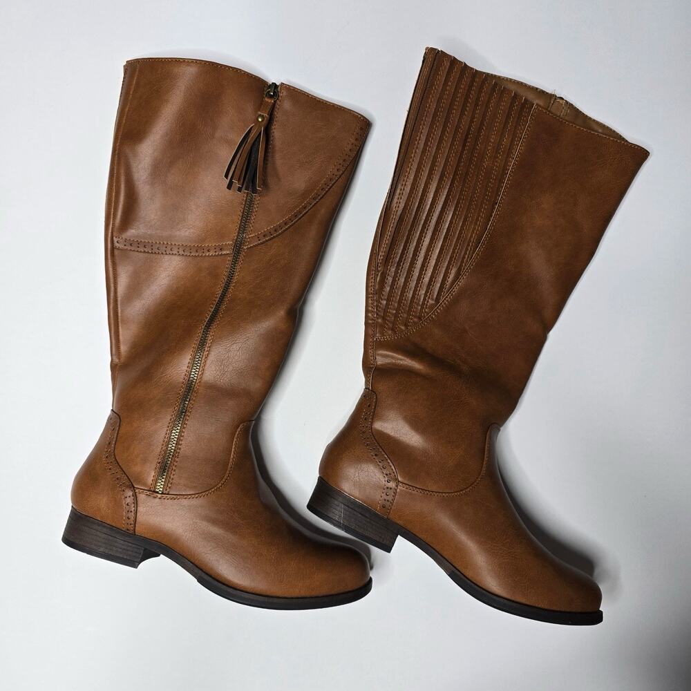 Women’s Brown Knee High Riding Boots Side Zip Tassel Low Heel Size‎ 9.5